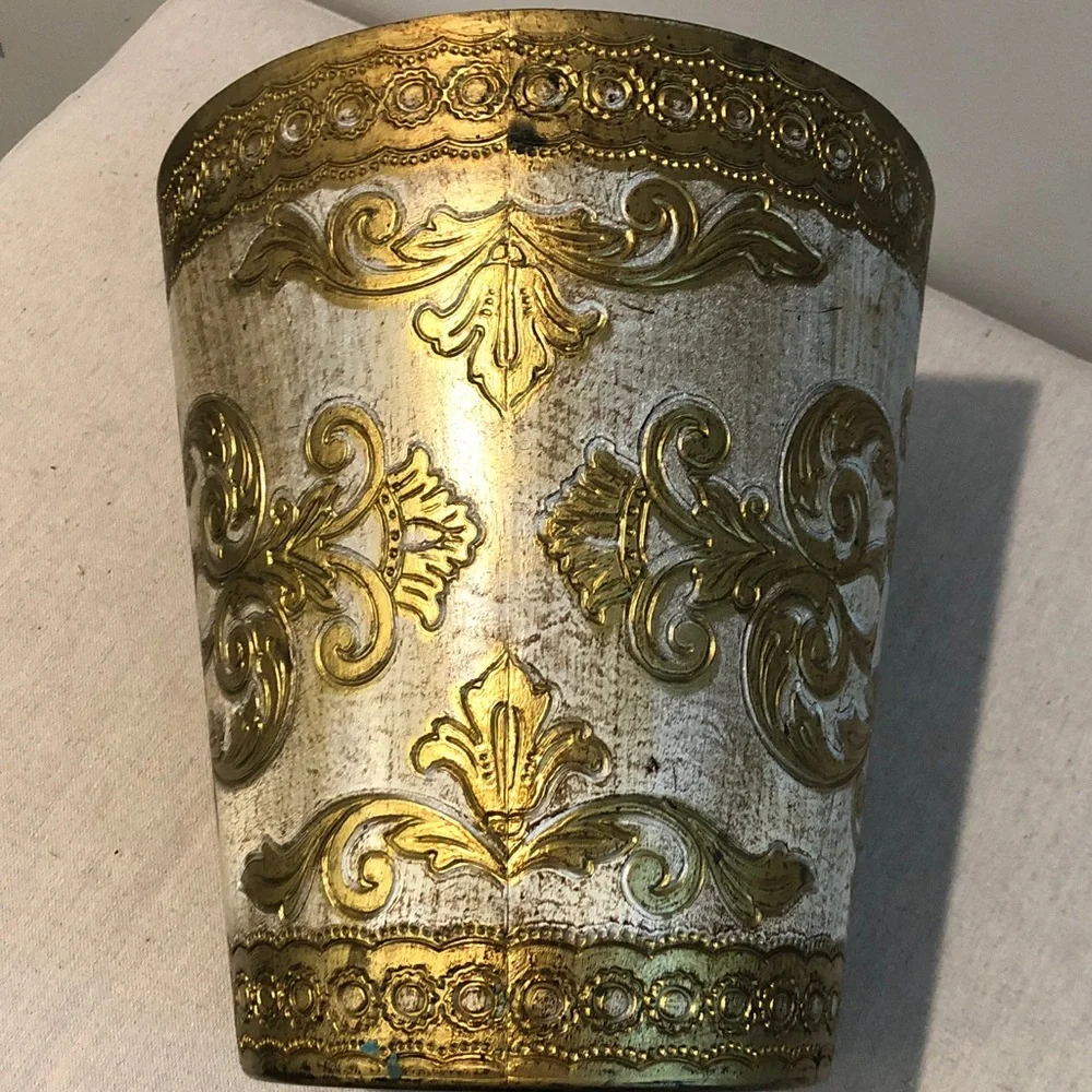 Vintage Florentine Plastic Resin Waste Basket gold Trash Can Made in Italy